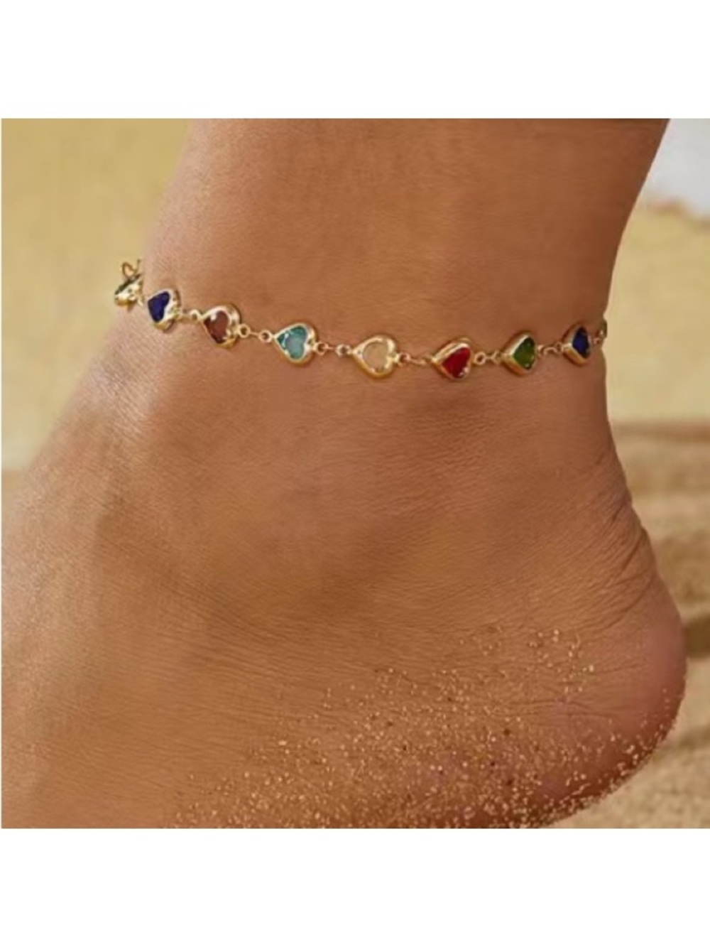 Dainty Multi Color Heart Gold Toned Anklet